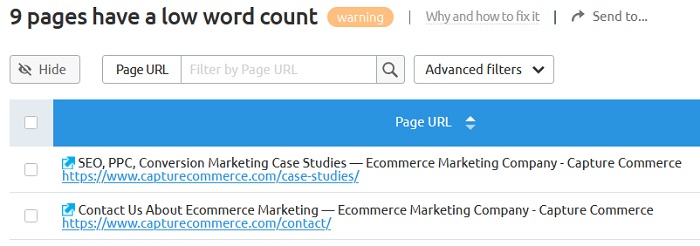 SEMrush example of low word count